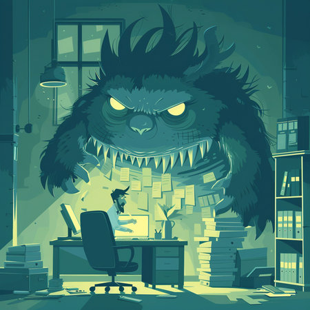 Angry monster working in the office. Vector illustration in cartoon styleの素材