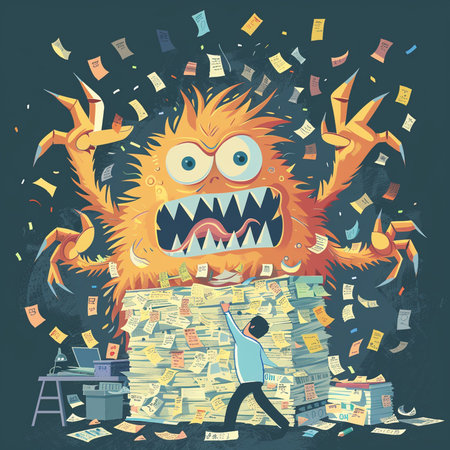 Funny monster with a huge pile of money. Vector illustration.の素材