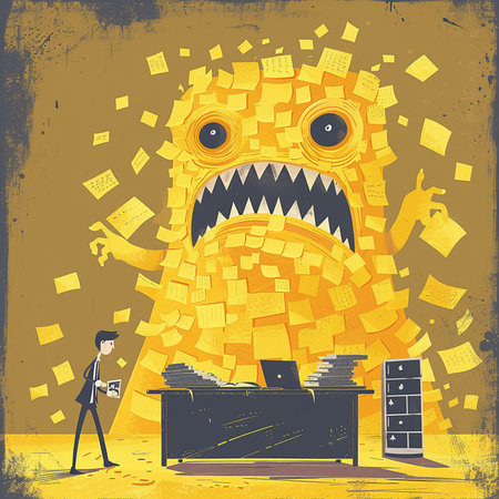 Vector illustration of a businessman with a giant monster in the office.の素材