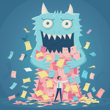 Funny cartoon monster with a pile of paper documents. Vector illustrationの素材