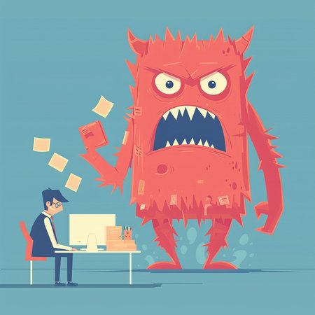 Angry Monster with computer. Vector illustration in flat cartoon style.の素材