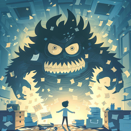 Vector illustration of a cartoon monster in a room full of documents.の素材