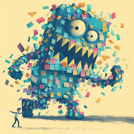 Funny monster with a lot of post-it notes. Vector illustration.の素材
