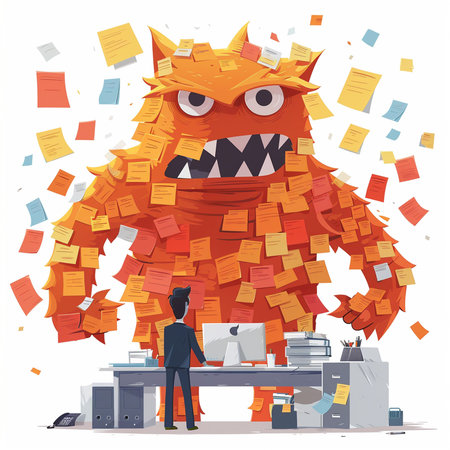 Funny monster with a lot of paper work. Vector illustration.の素材
