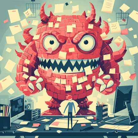 Funny cartoon monster on the office desk. Vector illustration in retro style.の素材