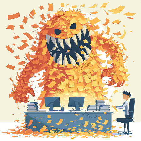 Illustration of a monster in the office with a lot of documentsの素材