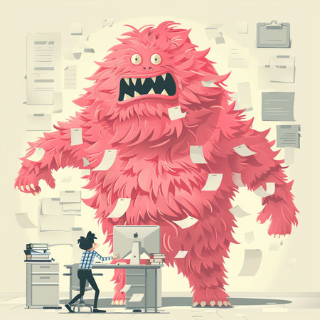 Funny monster working in office. Vector illustration in retro style.の素材