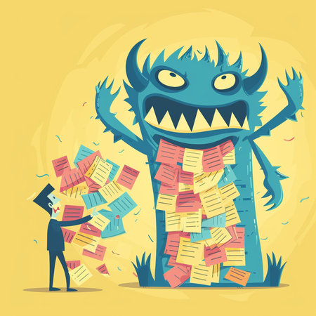 Funny cartoon monster with pile of books. Vector illustration for your designの素材