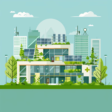 Modern hospital building with green trees. Vector illustration in flat style.の素材