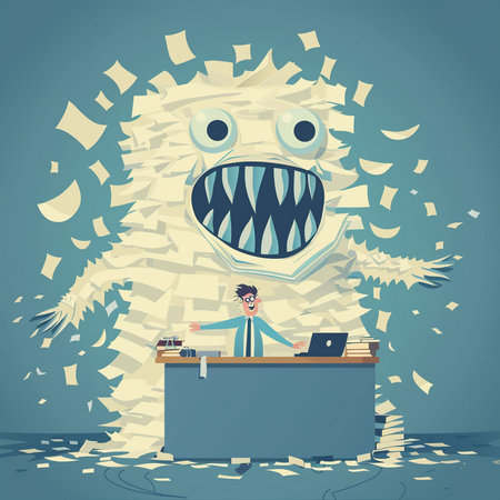 Funny cartoon monster working at the office. Vector illustration for your designの素材