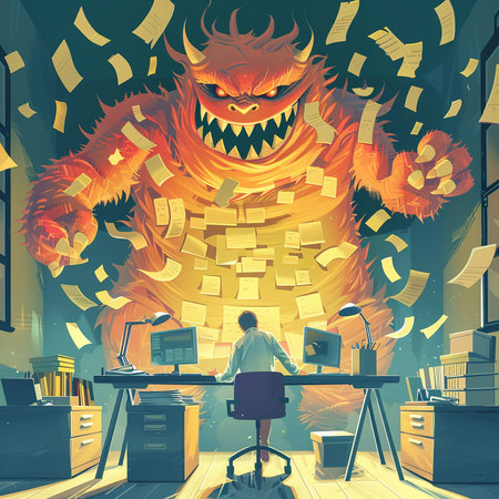 Businessman in the office with a big monster. Vector illustration.の素材