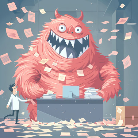 Funny cartoon monster with a lot of documents. Vector illustration.の素材