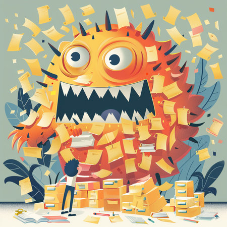 Funny monster with pile of documents. Vector illustration in cartoon styleの素材