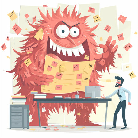 Funny Monster Character with Sticky Notes. Vector Cartoon Illustrationの素材