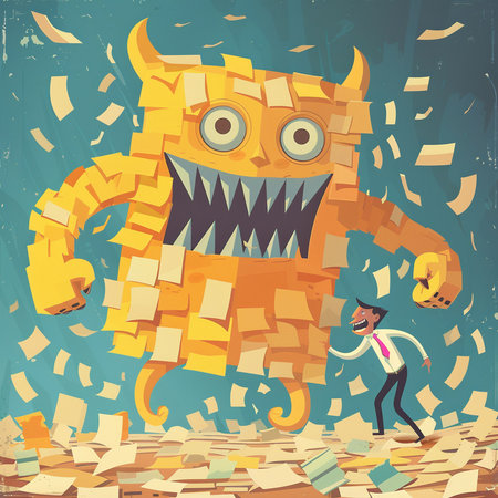 Funny monster with a lot of paper documents. Vector illustration.の素材