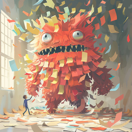 Funny monster in a room full of confetti. Vector illustration.の素材