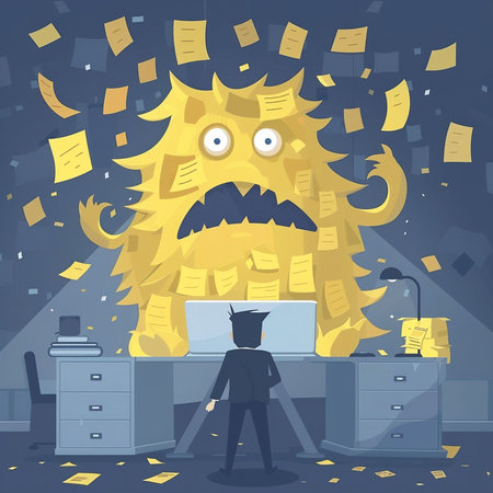 Funny cartoon vector illustration of a man in the office with a monsterの素材