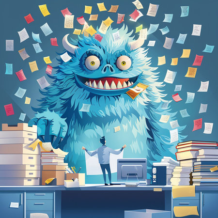 Funny monster in the office. Vector illustration. Cartoon style.の素材