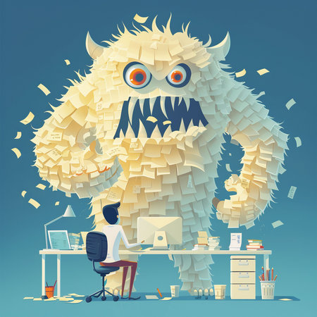 Funny monster in the office. Vector illustration in cartoon style.の素材