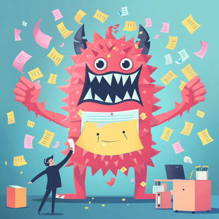Funny monster with a mask and documents. Cartoon vector illustration.の素材