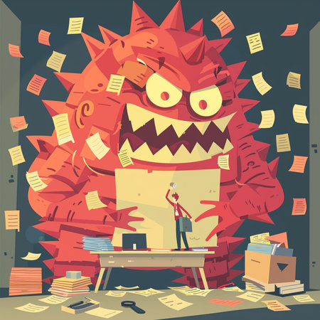 Vector cartoon illustration of angry monster office worker standing at the desk with lots of paper work.の素材