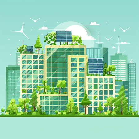 Ecology city landscape with green buildings and solar panels. Vector illustration.の素材