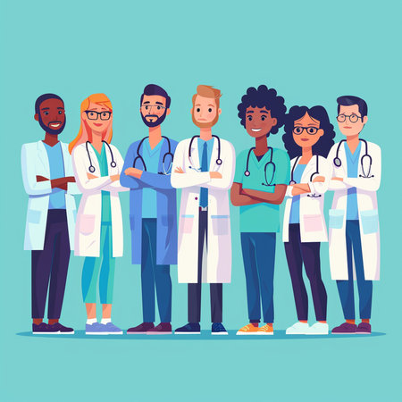 Group of doctors and nurses. Vector illustration in flat cartoon style.の素材