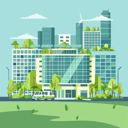 City landscape with modern skyscrapers and green trees. Vector illustrationの素材