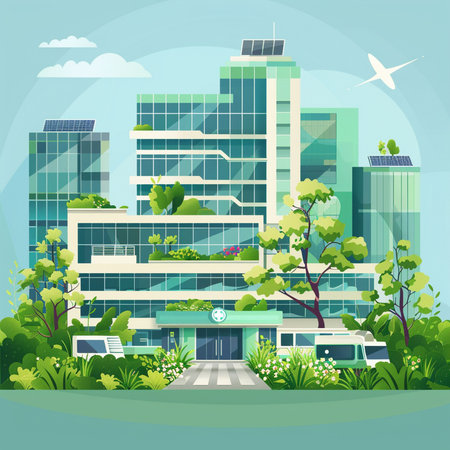 Modern office building with skyscrapers and green trees. Vector illustrationの素材