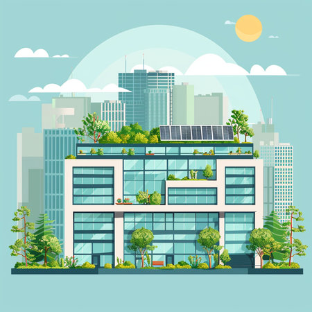 Modern office building with green trees, sun and clouds. Vector illustration.の素材