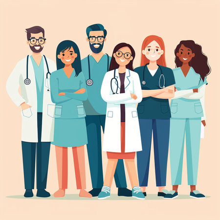 Medical team of doctors and nurses. Vector illustration in flat style.の素材
