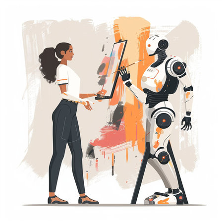 Robot and girl working in the office. Vector illustration in flat styleの素材