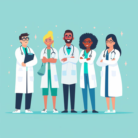 Group of doctors standing together. Vector illustration in flat cartoon style.の素材