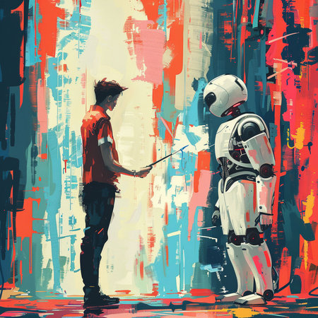 Vector illustration of a young man and a robot on the background of an abstract patternの素材