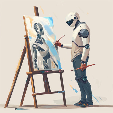 Illustration of a robot painting a picture on an easel.の素材