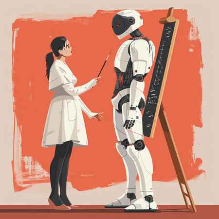 Vector illustration of a female scientist with a robot and a pointer.の素材