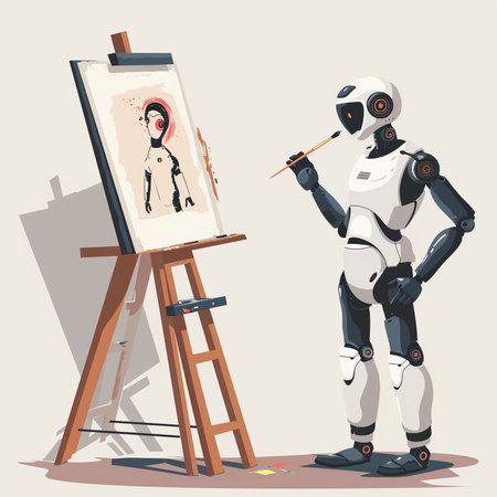 Artistic robot painting a picture on easel. Vector illustration.の素材