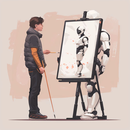 Young man painting a picture on easel. Vector illustration in cartoon styleの素材