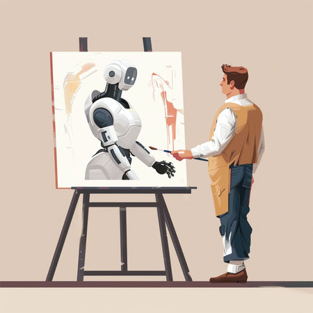 Vector illustration of a young man painting a robot on an easelの素材