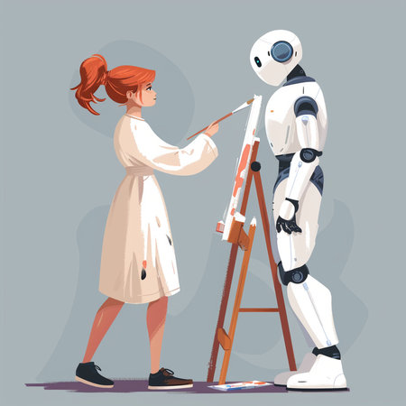 Vector illustration of a girl painting on an easel with a robotの素材