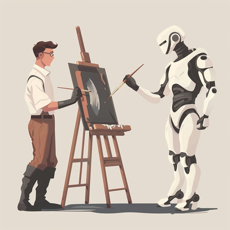 Artists working with robot and painting on canvas. Vector illustration.の素材