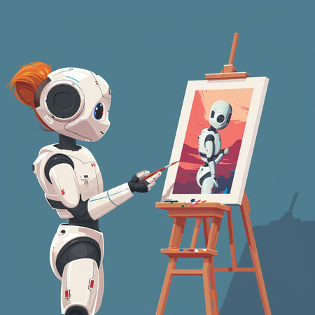 Vector illustration of a cute cartoon robot painter painting a picture on easelの素材