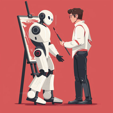 Vector illustration of a young man and a robot with an easel.の素材