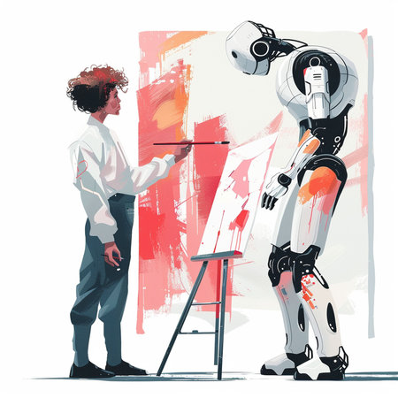 Vector illustration of a man and a robot with an easel.の素材