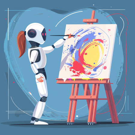 Artificial intelligence concept vector illustration. Cartoon robot with painting palette and easel.の素材