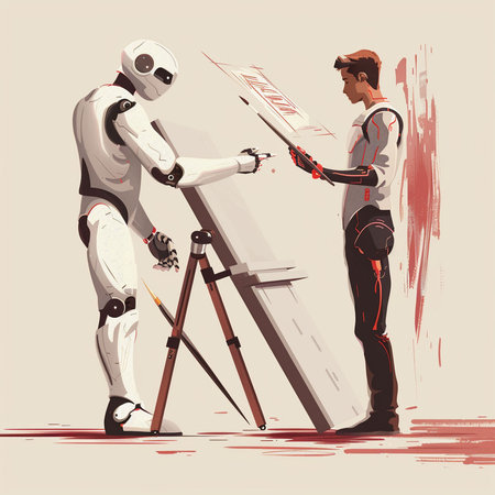 Vector illustration of a man and a robot with a paintbrush.の素材