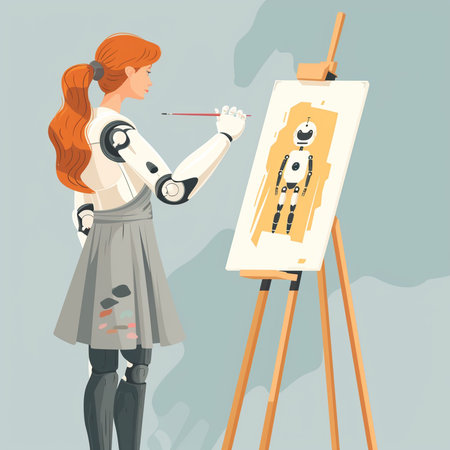 Vector illustration of a young woman artist painting on an easel.の素材