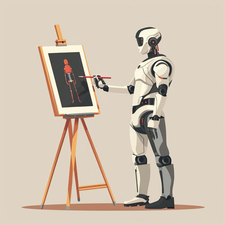Robot painting a picture on easel. Vector illustration in cartoon style.の素材