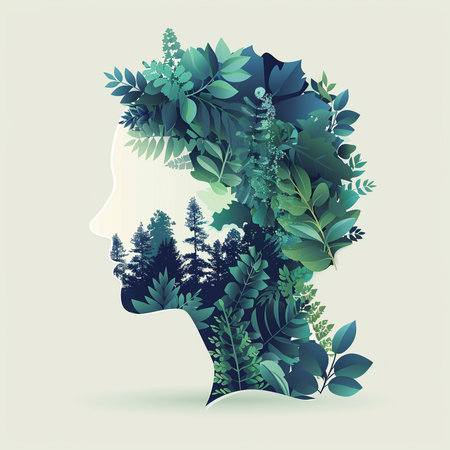 Human head silhouette surrounded by green leaves. Nature concept. Vector illustration.の素材