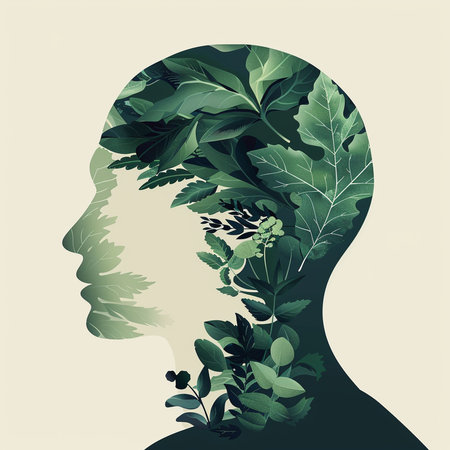 Human head silhouette with green leaves. Vector illustration for your design.の素材